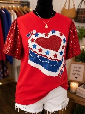 Red Sequin Sleeve HBD America Heart Graphic Tee